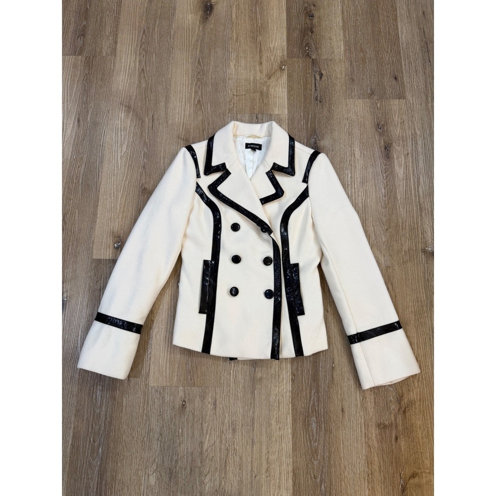 Y2K Bebe Minimalist Leather Trim Wool Pea Coat Women S Cream Double Breasted